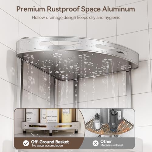 Silver 3-tier standing corner shower caddy by Binecer with three shelves for organizing bath essentials.