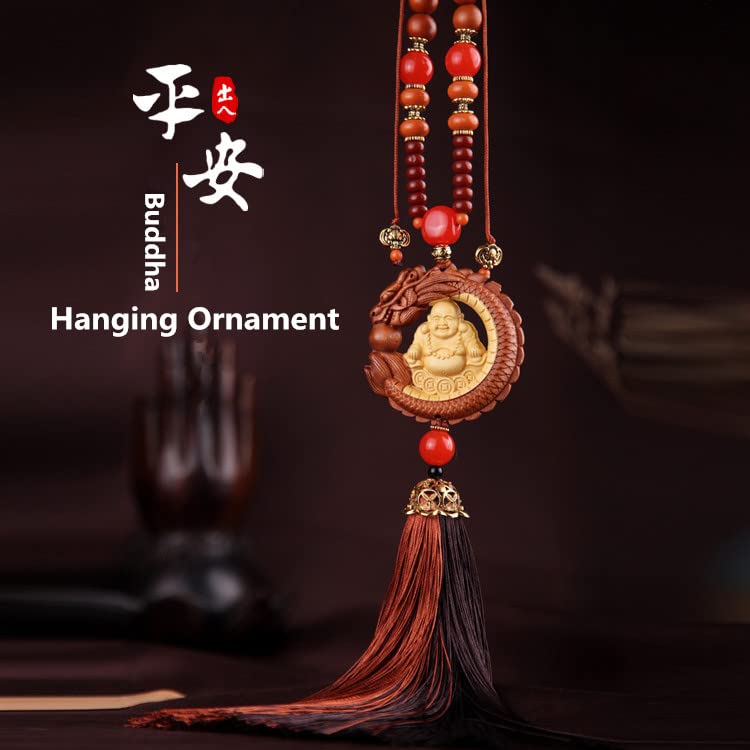 Protection Buddha Ornament for Car and Home,Chinese Fengshui Dec,Bring Positive Energy and Good Luck, Decorations,Peach Wood,Safe and Health (A Laughing Buddha)