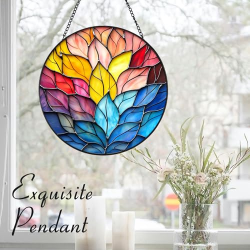Stained Glass Lotus Suncatcher - 7.9" Real Glass Rainbow Leaf Window Hanging, Weatherproof Boho Zen Decor, Chakra Healing Yoga Meditation Gift for Mom Women Spiritual Friends Ivory
