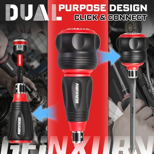 GEINXURN 33-piece impact magnetic screwdriver set with stubby ratchet handle, sockets, bit holder and adapters