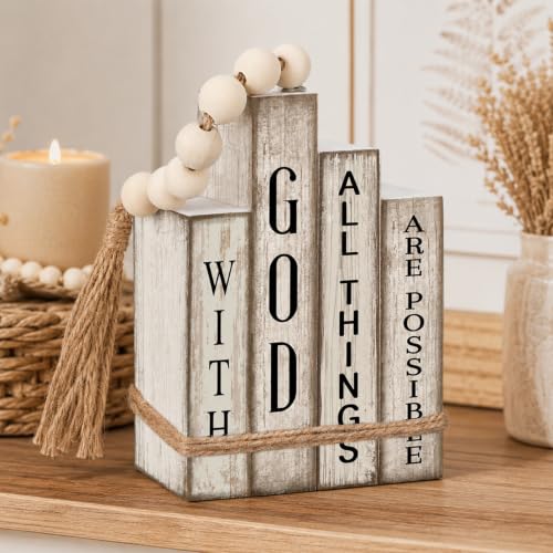4Pcs Decorative Books Set, Christian Wooden Faux Book Stack for Coffee Table and Shelf Display, Religious Neutral Wood Ornaments for Living Room Home Decor, Blessing Housewarming Gifts (Khaki) Style 5