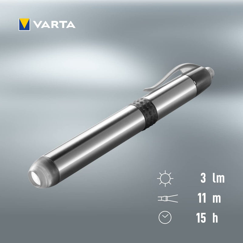 Varta LED Diagnostic Light with 1 x AAA Battery, Pen Light, Pupil Light, Extremely Slim and Lightweight Pen Torch, for Use in Hospital, Old People's Home, Doctor's Practice, Silver 5 mm LED pen light + 1 x AAA high energy (pack of 2)