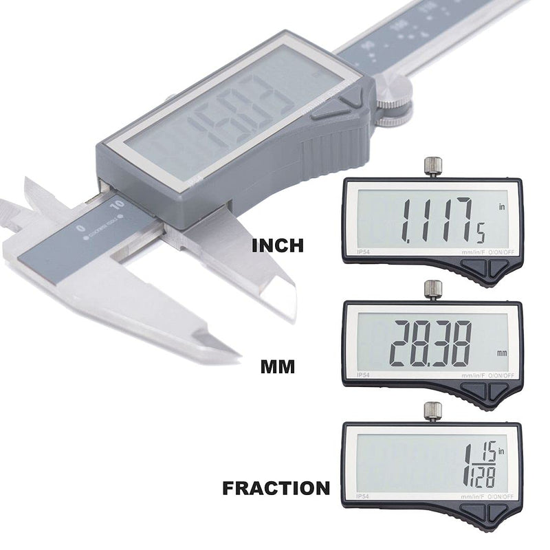 [Australia - AusPower] - IP54 Grade Digital Caliper, DCLR-0605 0-6" /150mm, Inch/Metric/Fractions Conversion, Stainless Steel, Large LCD Screen 