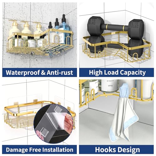 Menbyci 3 Pack Corner Shower Caddy, Adhesive Bathroom Shelves with 18 Hooks, Drill-Free & Quick-Dry Shower Organizer with Large Capacity, Rustproof Stainless Steel Bathroom Corner Storage Rack, Gold 3 packs