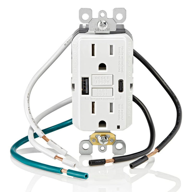 [Australia - AusPower] - Leviton GUAC1-W 15A SmartlockPro Self-Test GFCI Combination with Type A & Type-C USB In-Wall, USB Charger for Smartphones and Tablets, White Type A/C USB w/GFCI 