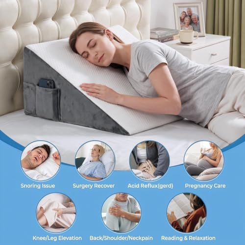 puredown® 12" Bed Wedge Pillow, Cooling Wedge Pillows for Headboard, Pillow Wedge for Nighttime Acid Reflux, Lumbar & Back Support, Leg Elevation Therapy, Snore Reduction Aid.White White 24*24*12 Inch