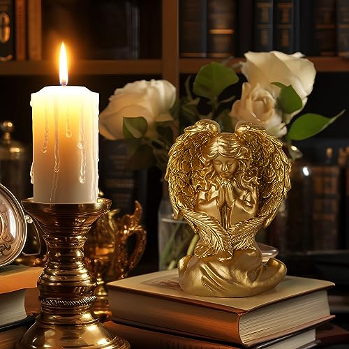 INLOMEM Praying Angel Figurine, Sculpted Hand-Painted Figurine Angel Wings Statue for Home Decor or Garden First Communion Gifts for Girls Religious Gifts for Women (Gold) Gold