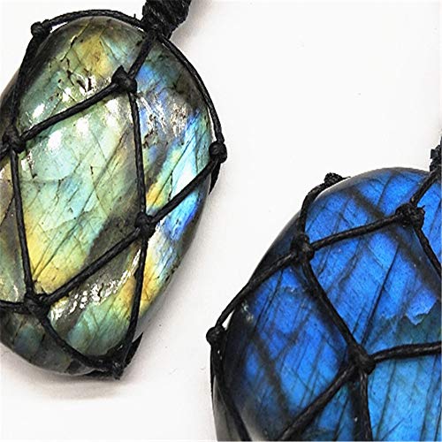 AITELEI Natural Labradorite Crystal Necklace Healing Chakra Pendant with Hand-Woven Rope Labradorite Palm Stone Moonstone Healing Stone Pendant