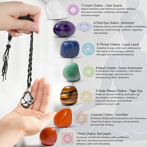 7 Chakra Healing Crystal Necklace Set - Boho Handmade Cord Cage and Hippie Energy Pendant Holder Real Crystal and Healing Stone Jewelry Spiritual Gift for Women Teen