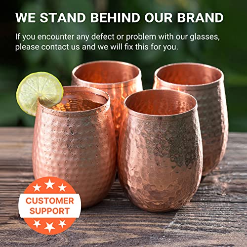 Copper wine glasses set of 4 – 17oz gleaming 100% solid hammered copper stemless wine cups – Valent for men and women – great copper tumblers for red or white wine and Moscow mules.