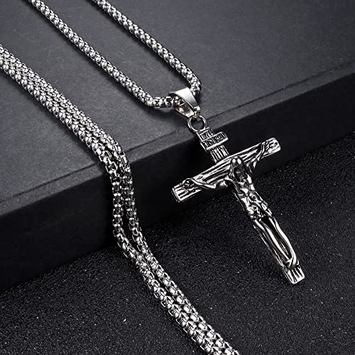 JeweBella Cross Necklace for Men Women Stainless Steel Jesus Crucifix Cross Pendant Venetian Chain 61 CM Silver/Gold/Black Religious Jewellery Gift A:Silver