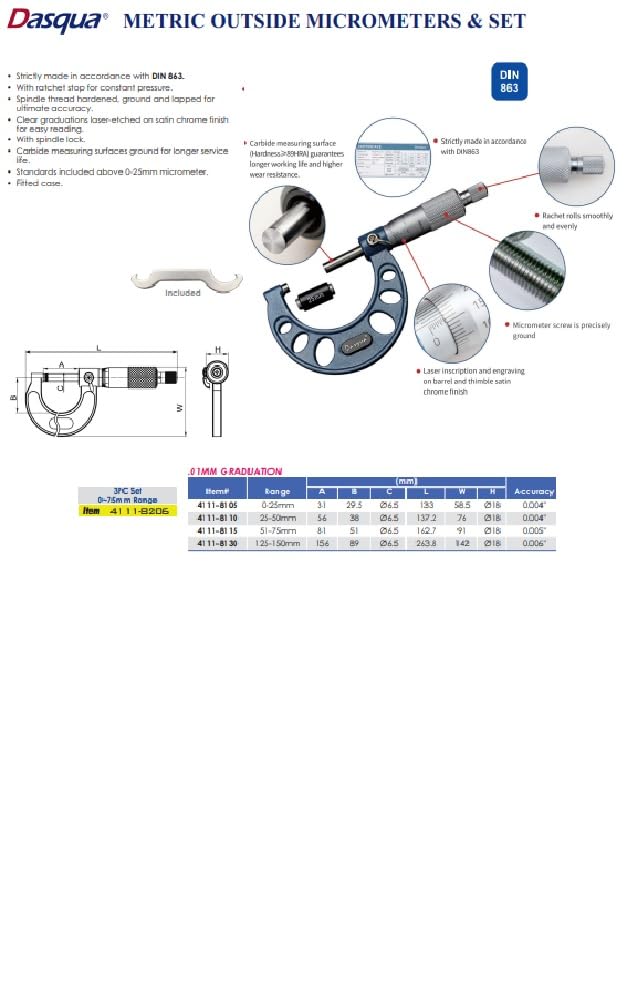 [Australia - AusPower] - Dasqua 4111-8110 25-50mm Outside Micrometer 