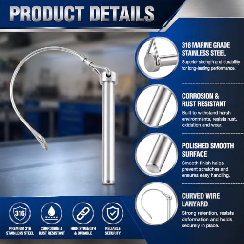 Hicarer 6-pack 3/8 x 2-3/4 inch stainless steel trailer coupler pins with wire retainers