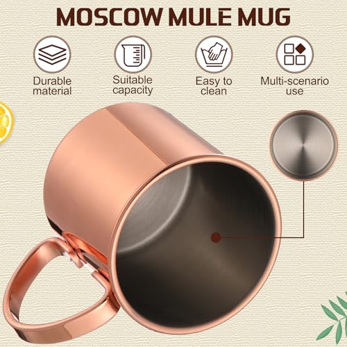 Set of four SiliFine copper Moscow Mule mugs with handles, 16.9 oz capacity, featuring a polished finish and classic design.
