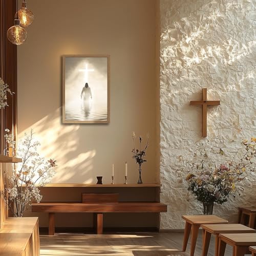 Framed Jesus Christ Walking on Water with Cross Canvas Wall Art, Spiritual Religious Picture, Inspirational Home Décor, Christian Artwork for Living Room, Office, Church 12x16in 12x16 Inches
