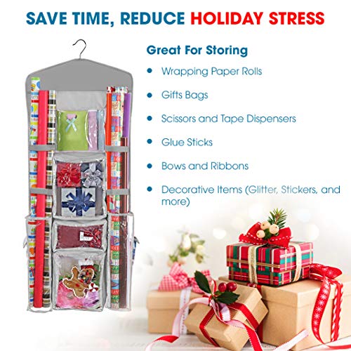 ProPik Hanging Double Sided Christmas Gift Wrapping Paper Storage Organizer With Multiple Pockets Organize Your Gift Wrap, Gift Bags Bows Ribbons 40"X17" Fits 40 Inch Rolls Clear PVC Bag 1 Unit (Grey) Grey
