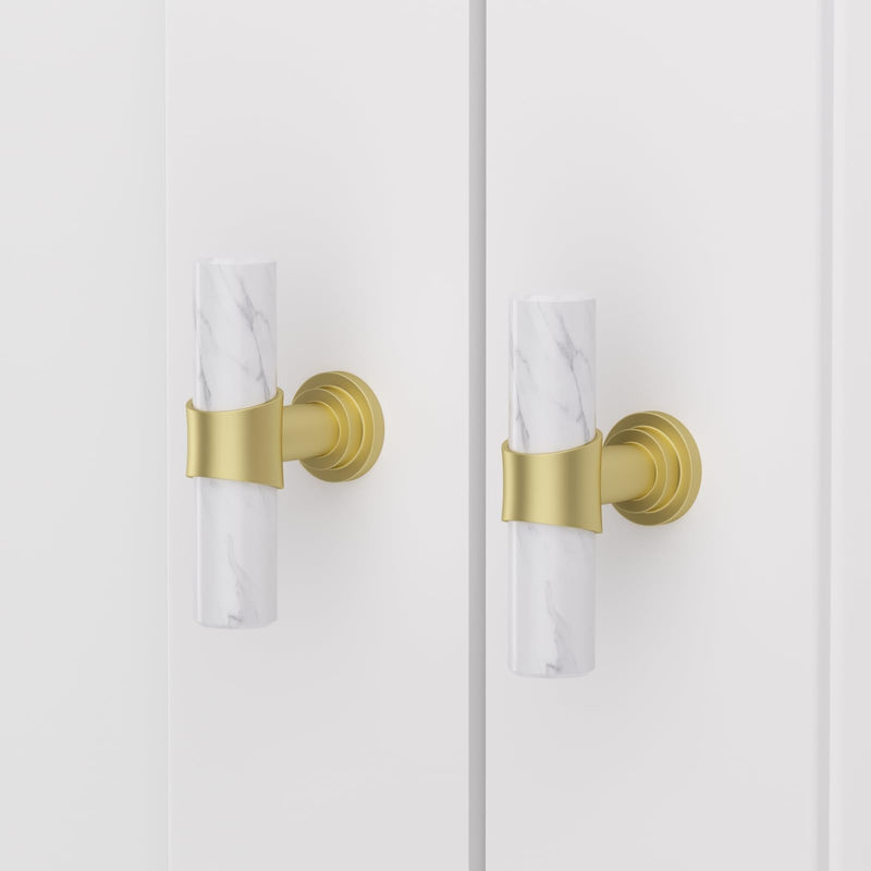 Rergy Cabinet Handles Marble Drawer Pulls and Knobs, 10Pack White Marble & Matte Gold Single Hole, T-Bar Hardware for Kitchen Dresser Zinc Alloy Furniture 10
