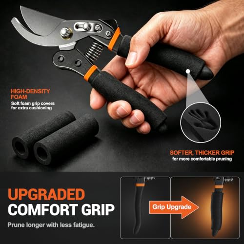 DECERK bypass pruning shears with orange 5mm cushioned foam grips for arthritic hands