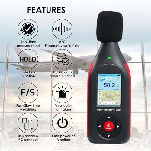 Sound Level Meter Decibel Meter Data Logger with A/C Frequency Rating, Fast/Slow Response, 43,000 Records, Real-time Sampling, USB/PC Connector, Tri-Colour LED Noise Warning Indicator