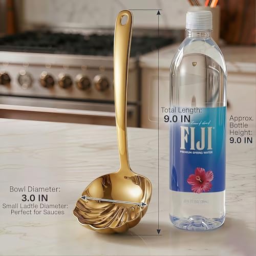 Gold Soup Ladle Set of 2, Premium 18/10 Stainless Steel Sauce Ladle with Artistic Shell-Shaped Design, 9-Inch Small Ladle for Serving Soup, Gravy and Sauce, Mirror Polished, Dishwasher Safe Serving Soup Spoon(Gold)