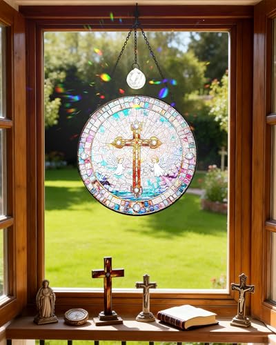 7.8" Christian Angel Cross Stained Glass Window Hanging Cross&angel 7.8 inch