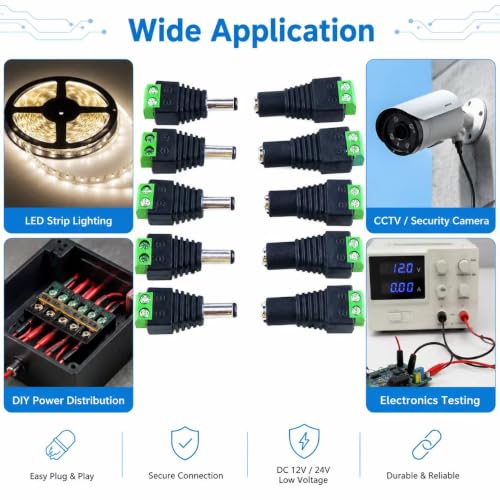 10pcs 5.5mm x 2.1mm Male and Female DC Plug Socket Power Adapter for CCTV Camera, LED Strip Lights Adapter Plug Jack Adapter Connector (5 x DC Female, 5 x DC Plug)