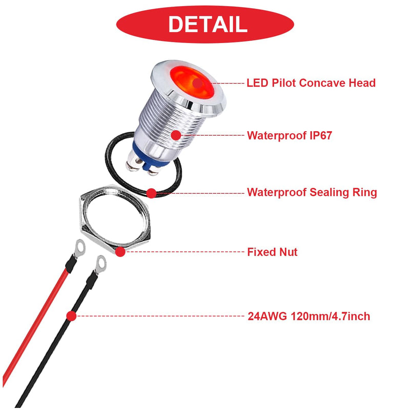 [Australia - AusPower] - 10Pcs Red Indicator Light 12mm 1/2" Waterproof IP67 Metal Signal Lamp 12V 24V AC/DC LED Pilot Dash Lamp Screw terminal Concave Head with 24AWG 120mm Terminal Wires for Car Boat Gauge Cluster N.10 x 12mm Red LED Indicator Lights 12v 
