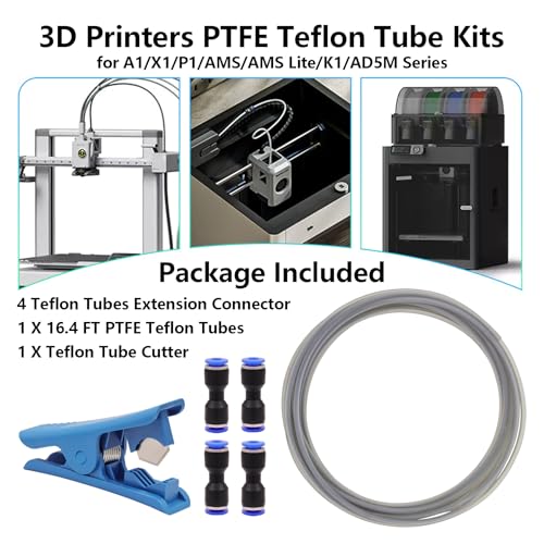 16.4 FT PTFE Teflon Tube Kit with 1 Tube Cutter and 4 Tube Extension Connector, ID 2.5mm X OD 4mm Ultra-Smooth PTFE Teflon Tubing for Bambu Lab A1/P1/X1 Series, K1 Series, AD5M