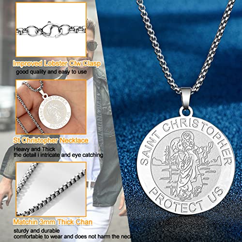 St Christopher Necklace Saint Michael George Barbara Pendant Women Men The Seal of The Seven Archangels Charm Chain Religious Medal Medallion Disc Jewelry Christian Gift St Christopher-055S