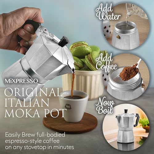 Mixpresso 3 Cup Moka Pot Stovetop Espresso Maker, Italian Cuban Coffee Pot Stainless Steel 3 Espresso Cups