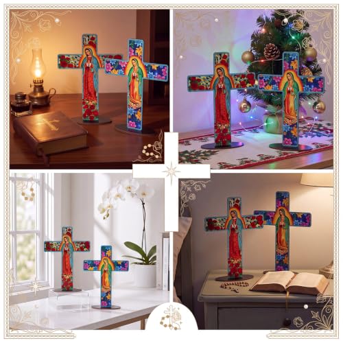 Yuntau 2 Pcs Floral Cross Table Decor Wooden Our Lady of Guadalupe Tabletop