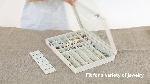 Frebeauty 48 Grid Earring Organizer,Velvet Jewelry Tray with Clear Lid White