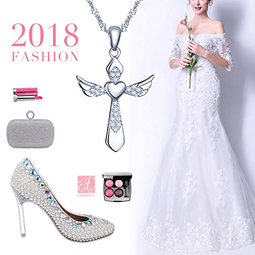 Infinite U Elegant Angel Wings Heart Cross Pendant 925 Sterling Silver Rhodium Plated Cubic Zirconia Necklace for Women/Girls