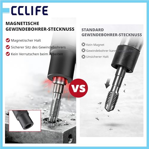 CCLIFE Tap Socket Set 10 Pieces Chrome Vanadium Steel 6.3 mm / in in (1/4 Inch) & 10 mm / in in (3/8 Inch) with Magnet for M1.5-M14 | Secure hold | 1/4 inch & 3/8 inch ratchets | slim design up to 40 mm | Cr-V steel | rust resistant surface | rail