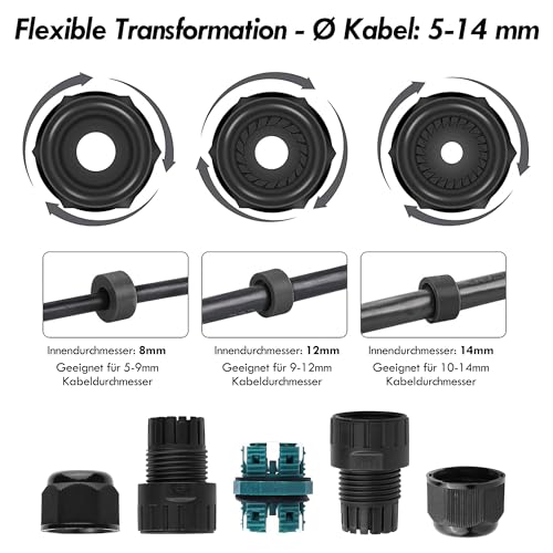 HOSPAOP Cable Connector Waterproof 5-Pin IP68 Connection Sleeve Earth Cable Junction Box for Diameter 5-14 mm Cable Diameter, Outdoor Waterproof Connection Box Black, Pack of 3, Plastic 3 pieces - 5 pin