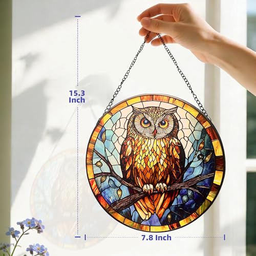 Stained Glass Owl Suncatcher, 7.8’’ Bird Window Hanging Gift for owl Lovers