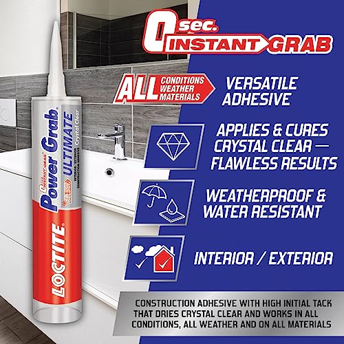 Loctite Power Grab Ultimate Crystal Clear Construction Adhesive, 9 fl oz Cartridge, 1 Pack - Versatile Construction Glue for Cement, Tile, Wall & More