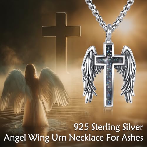 ONEFINITY Religious Urn Necklace for Ashes 925 Sterling Silver Cross/Angel Wing/Butterfly/Raphael Abalone Shell Pendant Necklace Cremation Memorial Keepsake Jewelry Gift for Ashes of Loved One Women Cross Angle Wings