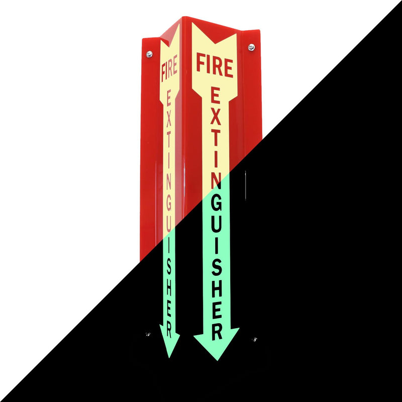 SmartSign "Fire Extinguisher" Two-Sided V-Shaped Projecting Sign with Down Arrow, 18 x 4 inch, 120 mil Thick Glow-In-The-Dark Polished Acrylic, Photoluminescent #2. Glow-in-the-Dark Red Acrylic