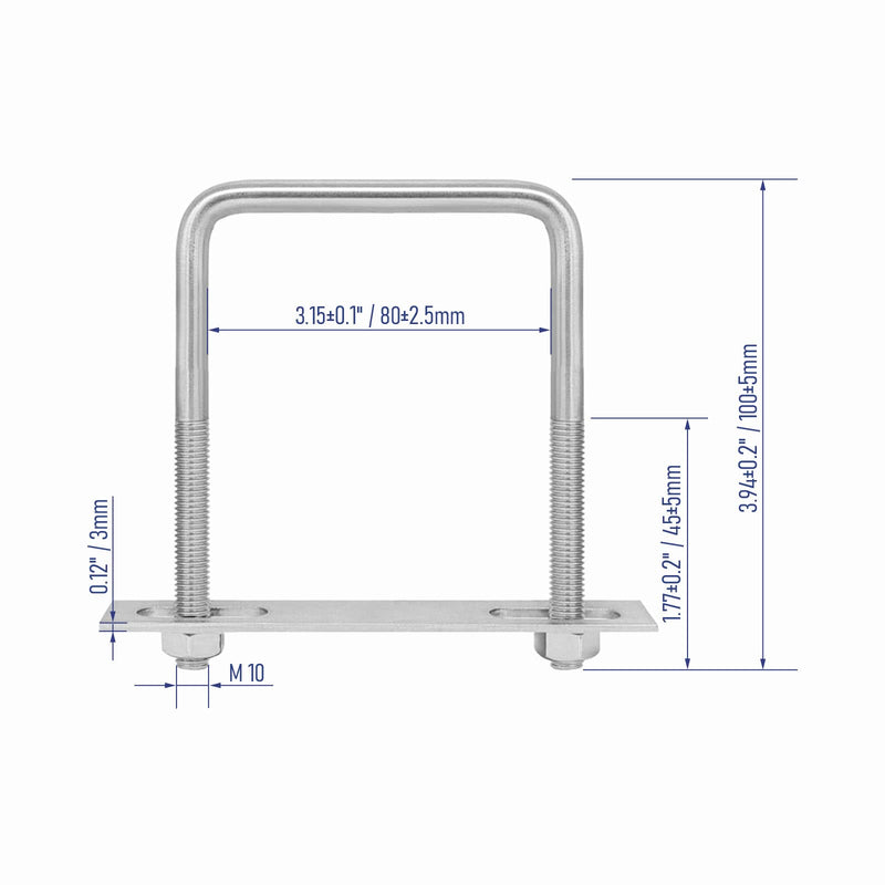 [Australia - AusPower] - 304 Stainless Steel Square U-Bolts 3.15"(80mm) Inner Width, 3.94"(100mm) Length Stainless M10 with Nuts, Frame Plate, Accessories for Automobiles Trailer, Boat Trailer Industrial Parts 80×100mm (W*L) 