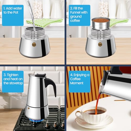 Stainless steel 2-cup Moka pot by Supvision for stovetop espresso brewing, featuring a compact 100ml capacity.