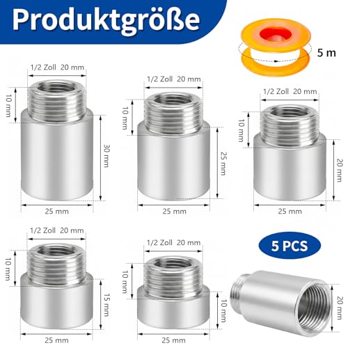 5 Piece Tap Extension 1/2 Inch Stainless Steel Extension Fitting 10/15/20/25/30 mm Tap Extension Water Connection Extension Thread Fitting for Taps Corner Valves Shower Heads