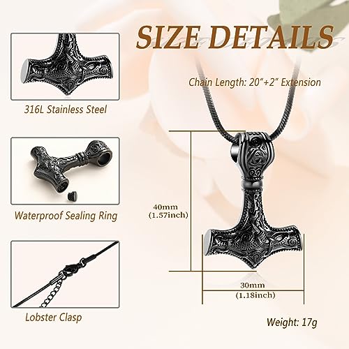 Minicremation Mjolnir Thor Hammer Urn Necklace for Ashes for Women Men Viking Jewelry Memorial Pendant Urn Necklace for Loved One Ashes Holder Black