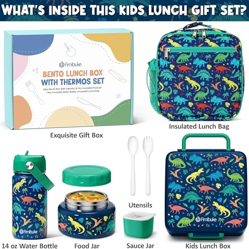 Fimibuke Bento Box for Kids Adult - Leakproof 3-4 Compartments Lunch Bento Box Set with Insulated Food Jar, Water Bottle, Lunch Bag, Sauce Cup & Cutlery for Toddler Teen Shcool Girl Boy Age 3+ A2.Dinosaur