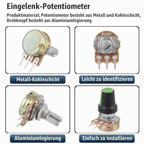 10 Values Potentiometer Mono Linear B1K B2K B5K B10K B20K B50K B100K B250K B500K B1M WH148 Rotary Potentiometer 3 Terminals B Type Taper Single Potentiometer with Nuts and Washer and Knob