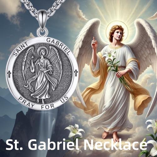 VONALA Saint Necklace 925 Sterling Silver Patron Saint Medal Pendant Amulet Protection Religious Jewellery for Men Women with 2.5mm 22"+2" Steel Chain (with Gift Box) Saint Gabriel（Round）
