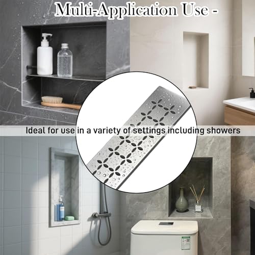 Floral Design Brushed Stainless Steel Shower Shelf for 12" Prefab Niches - Tool-Free Drop-in, Fits Standard 1/8 Inch Grout Lines (Matte Silver) 1 PACK