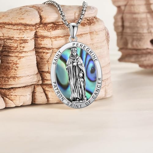 YAFEINI Sterling Silver Santa Muerte/St Peregrine/Hecate/Goddess/Virgin Mary/St Christopher/St Michael/St Jude Necklace Religious Mother's Day Jewelry for Women Mom Men Unisex St Peregrine Abalone