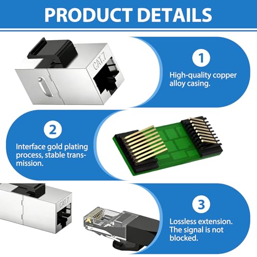 Cat7 Keystone Module RJ45 Coupling Shielded - 10Gbps Keystone Jack Female to Female Ethernet Network Connector for Patch Panel LAN Cable Extension (Pack of 5, Silver)
