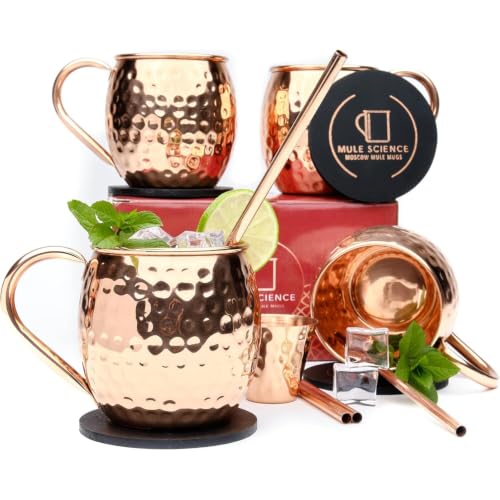 Advanced Mixology Pure Copper Moscow Mule Mugs Set of 4, 19 oz Hand-Hammered Copper Cocktail Mugs with Reusable Straws, Jigger & Coasters, Ideal for Home Bars, Restaurants & Events.